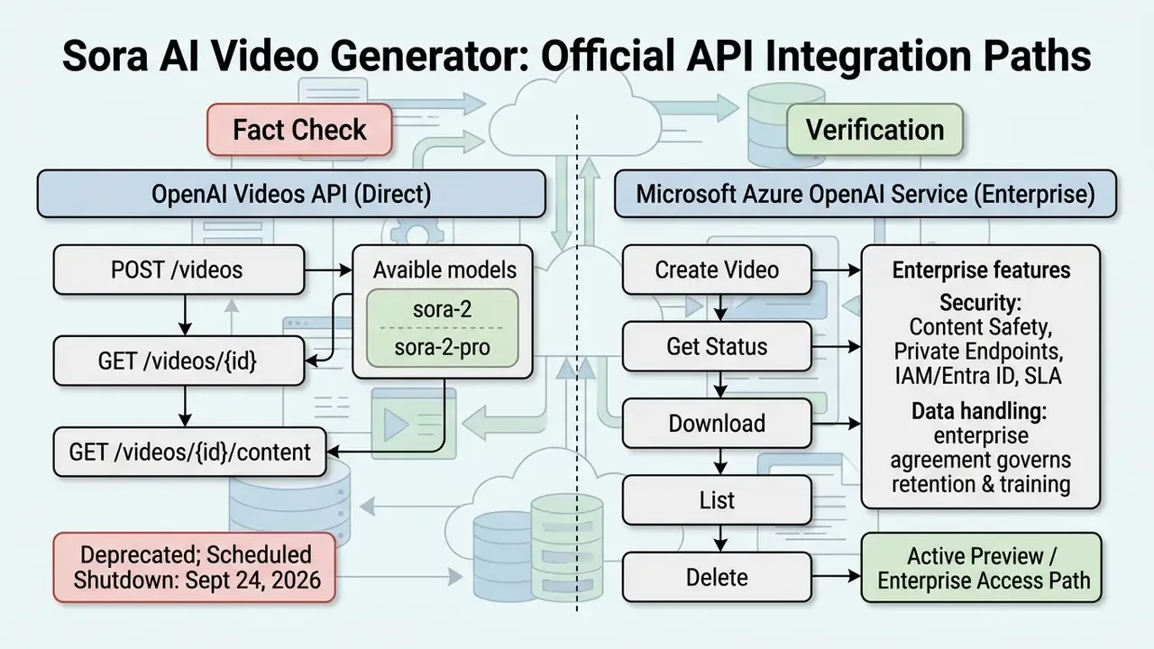 Side by side comparison of Sora AI API endpoints and Microsoft Azure enterprise service features