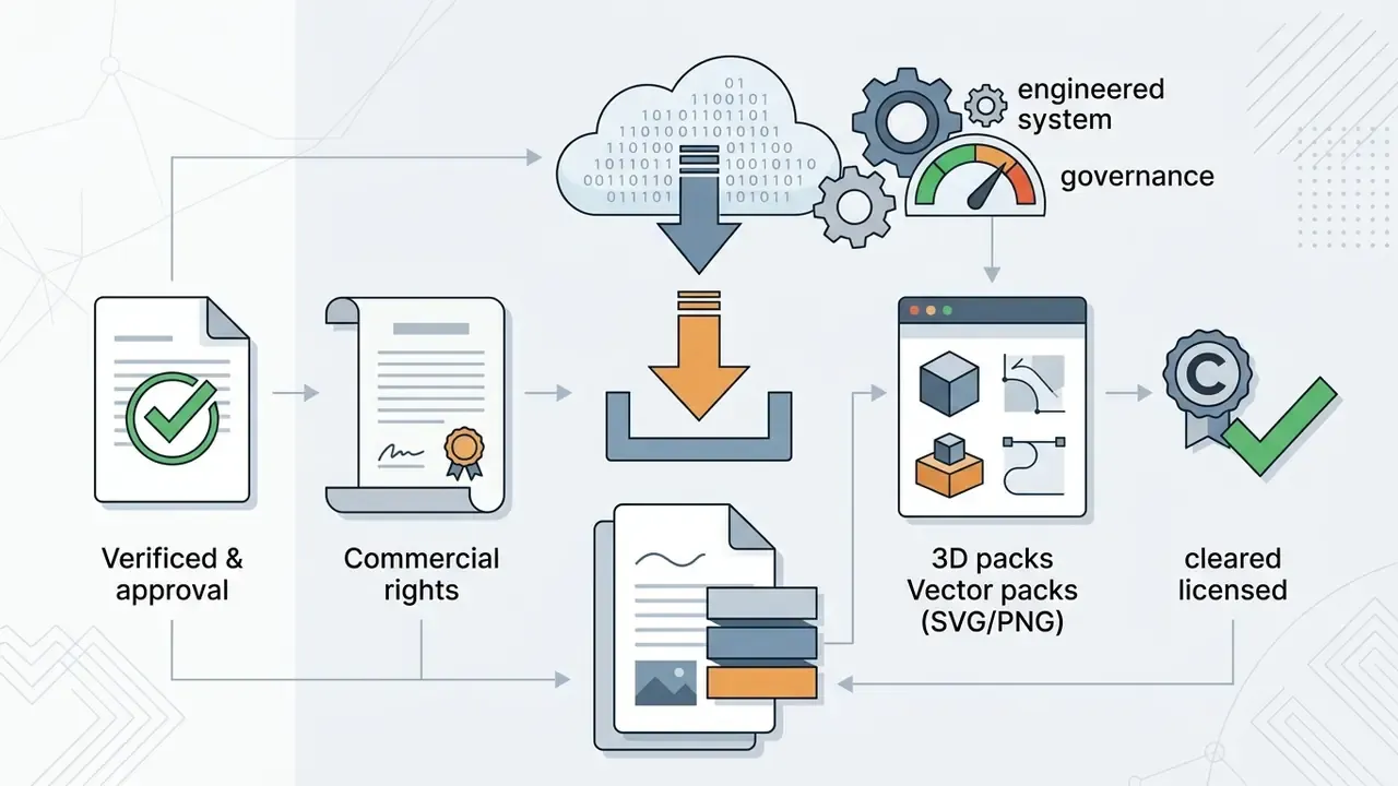 Diagram showing the workflow for verifying commercial rights and licensing for downloaded asset packs