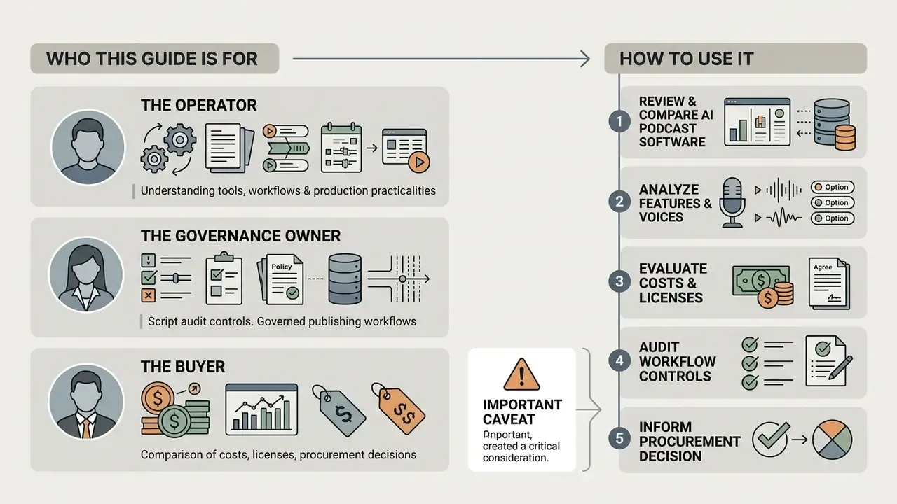 Infographic mapping three reader profiles to a five-step process for evaluating AI podcast creation software