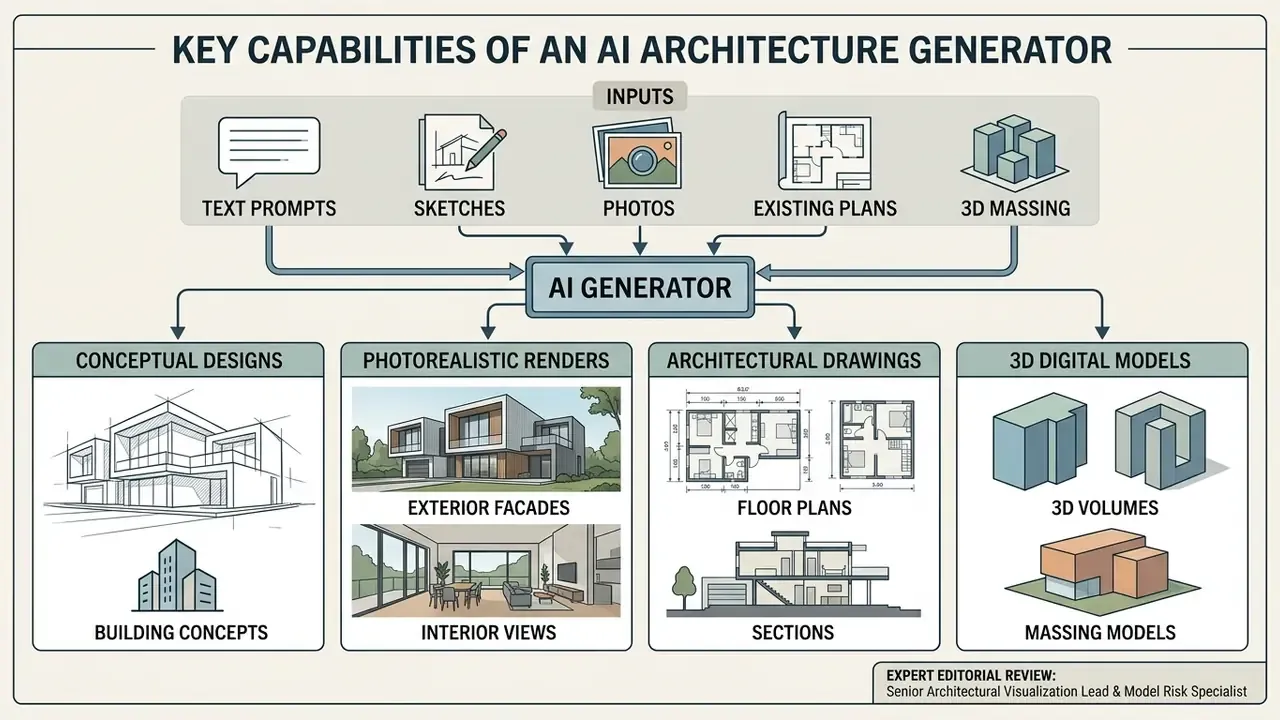 Diagram showing how an AI architecture generator transforms various inputs into design outputs