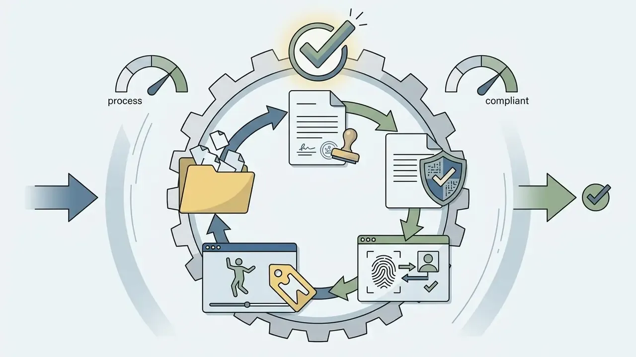 Circular workflow graphic showing document processing, compliance checks, and data verification steps