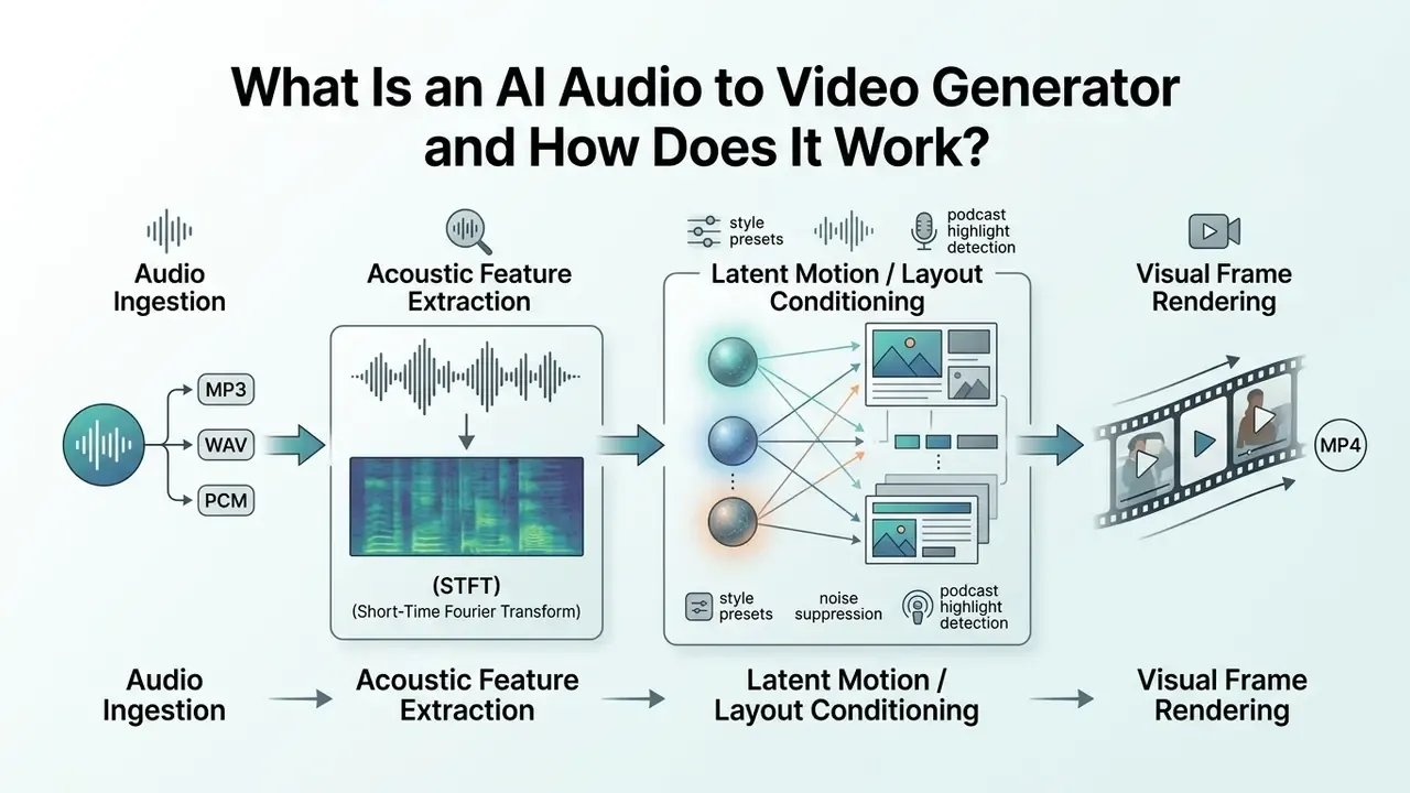 Flowchart showing audio files processed through feature extraction and latent motion to render video