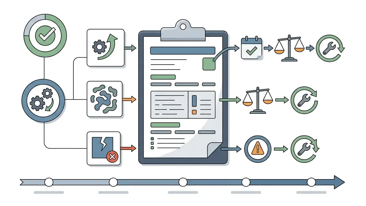 Flowchart tracking incident detection, impact assessment, and remediation steps on a clipboard document