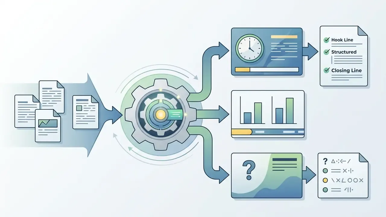 Documents feeding into a central gear processor that outputs structured news scripts and data analysis