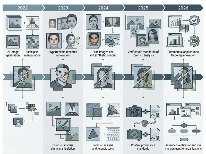 Timeline showing the progression of ai image news and synthetic content development from 2022 through 2026