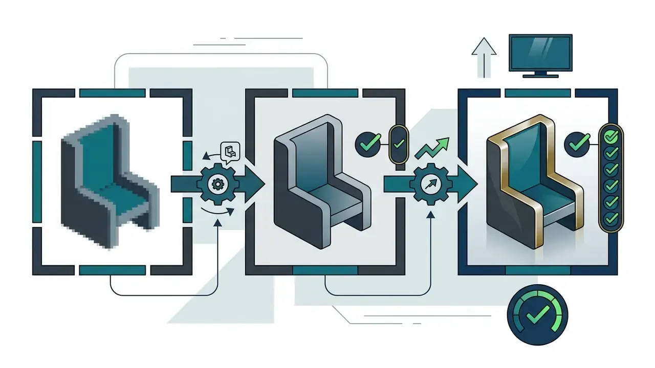 Three stage process showing a pixelated chair being refined through gears into a high resolution render