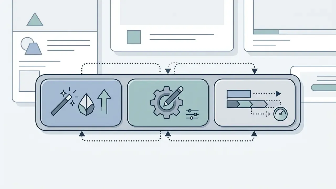 Three connected workflow tabs featuring icons for magic creation, gear editing, and timeline progression