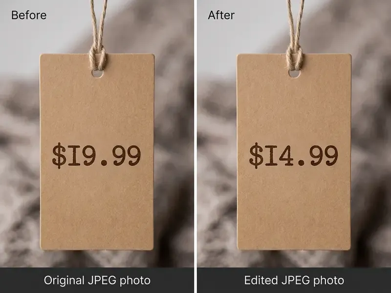 Comparison showing a retail tag with an original price of 19.99 corrected to 14.99 on a JPEG image