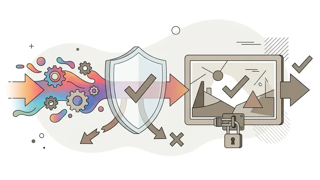 Gears and a shield icon filtering a flow of imagery into a locked frame with a checkmark