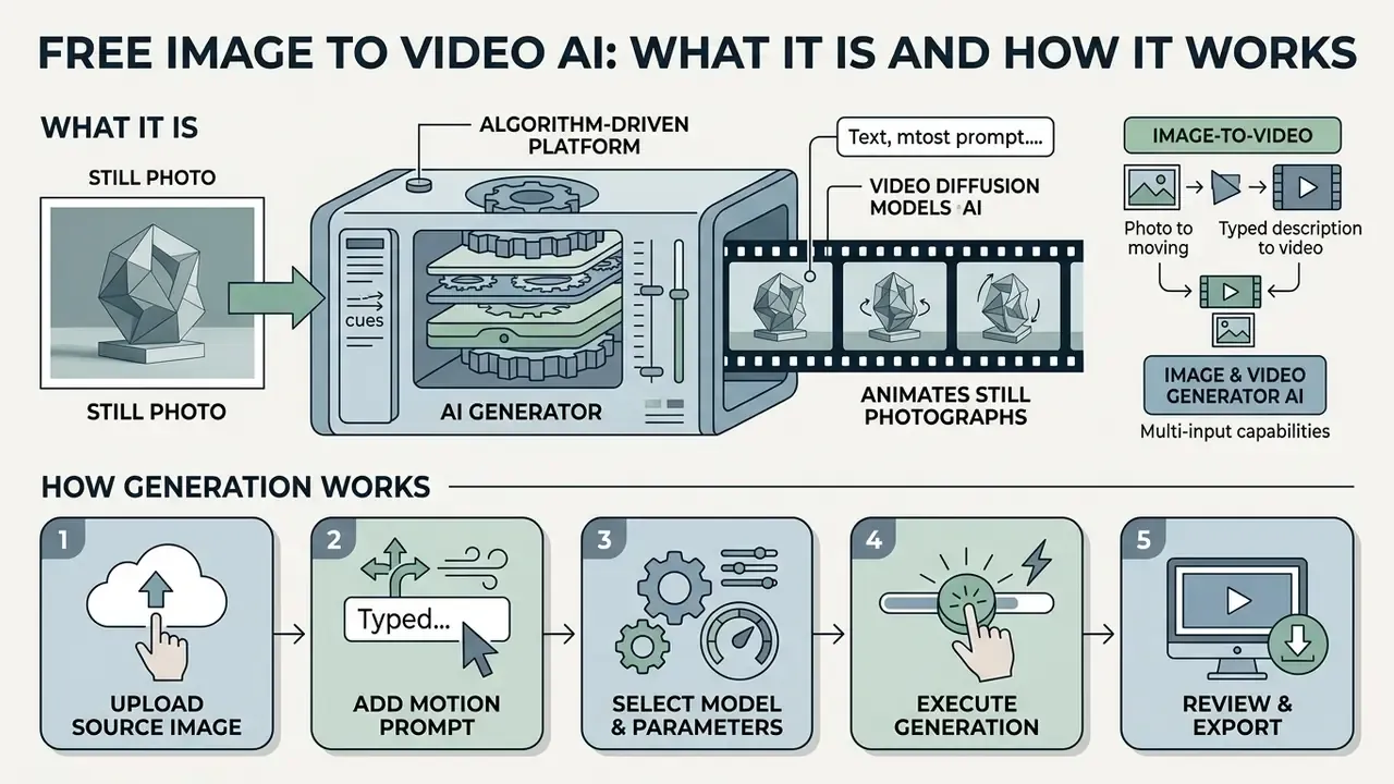 Infographic showing how a free image to video AI uses diffusion models to animate still photographs