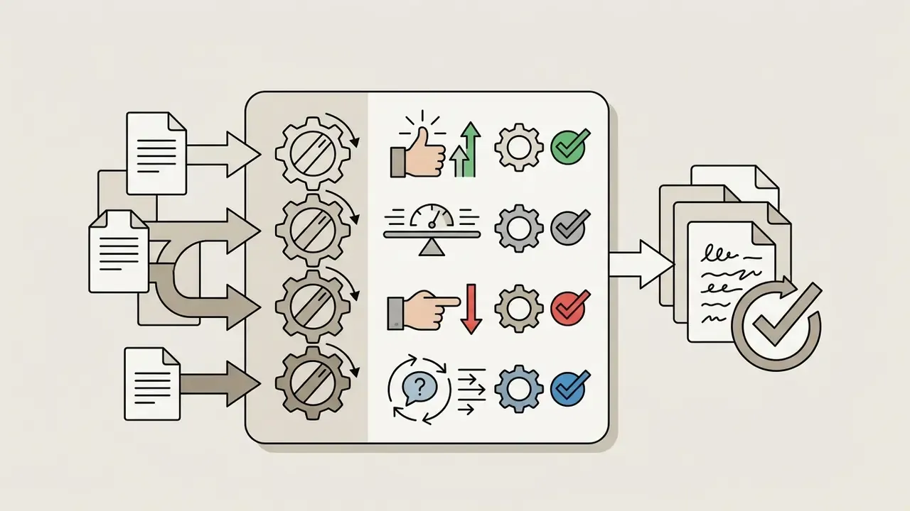 Document inputs feeding into a gear system that processes tone settings into verified educational outputs