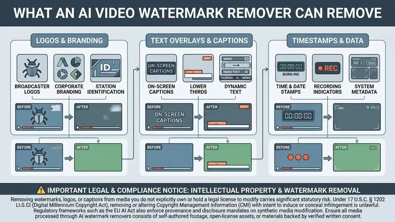 Diagram categorizing logos, text overlays, and metadata that an AI video watermark remover can clear