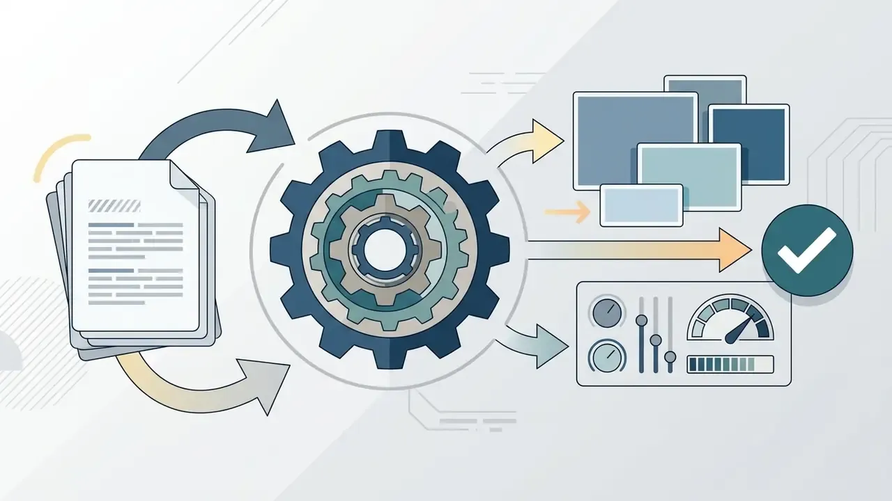 Document stack feeding into a central gear mechanism that connects to display screens and a control panel