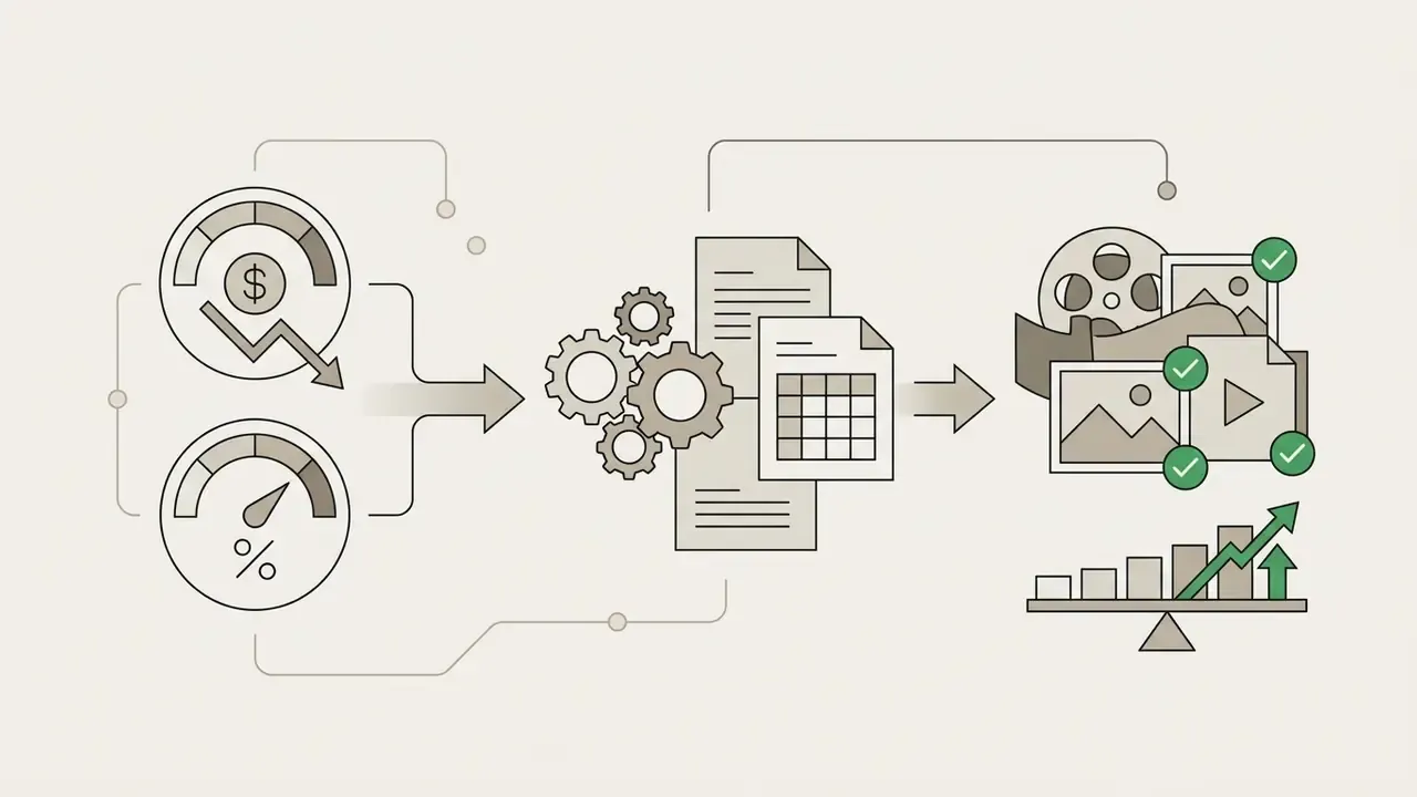Financial and performance gauges feeding into gears and documents to produce verified media assets