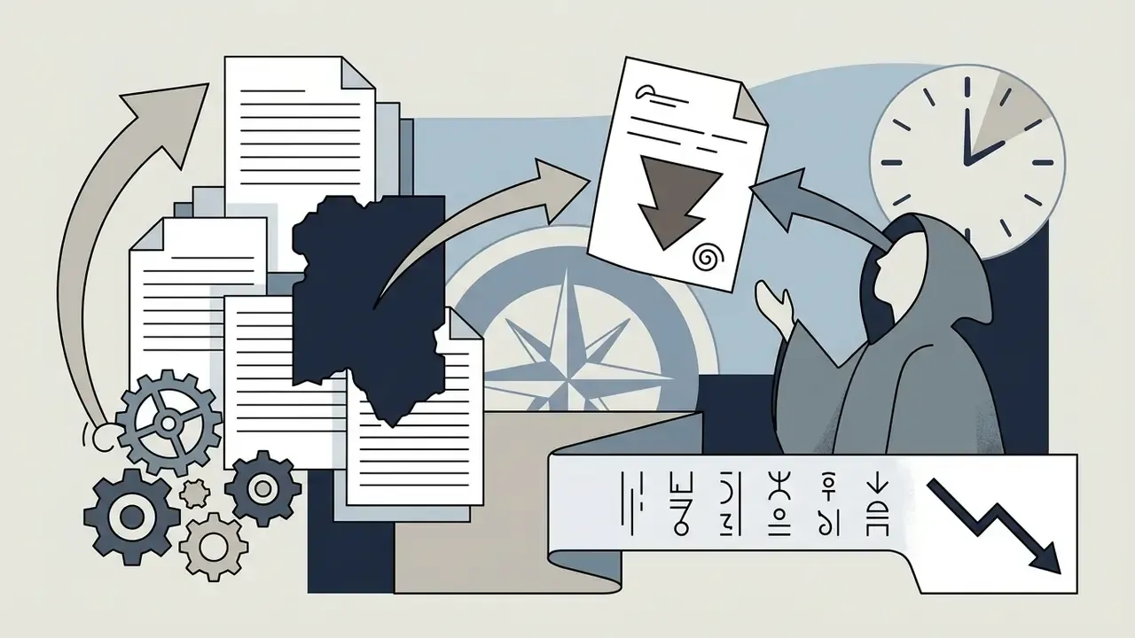 Hooded figure examining a document with a downward arrow near a clock and mechanical gears