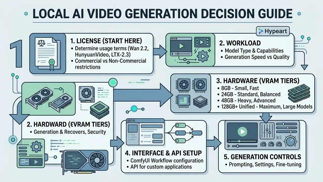 Flowchart outlining the five sequential steps for local AI video generation from licensing to controls