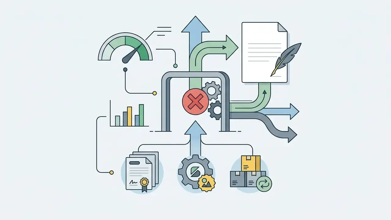 Documents and product icons feeding into a blocked gate with gauges and arrows indicating restricted flow