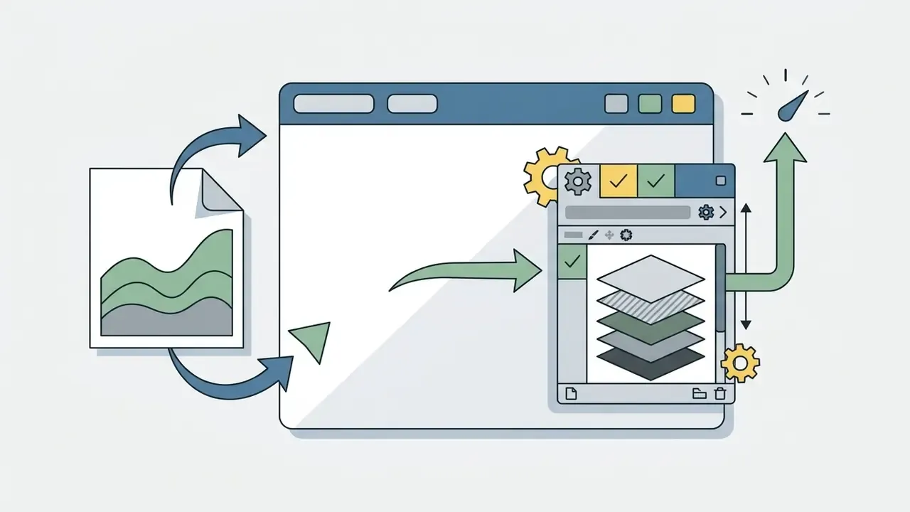 Document icon feeding into a layered image editing interface with a speed gauge and gear indicators