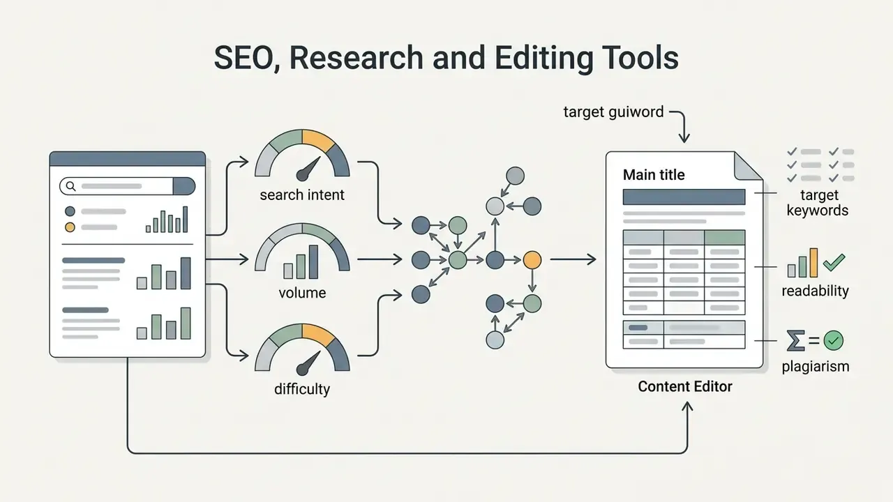 Diagram showing keyword metrics feeding into a cluster model for content editor optimization