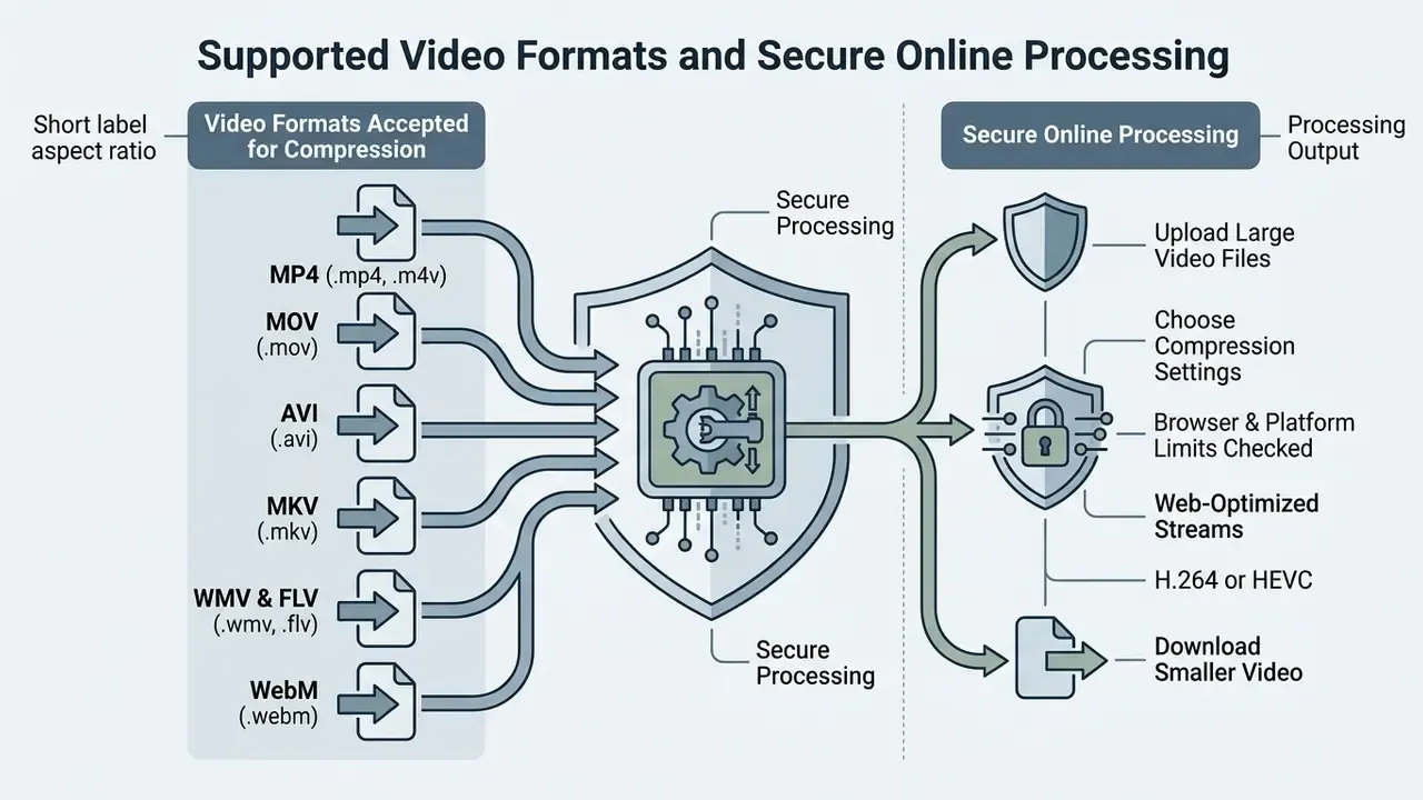 Flowchart showing various video file formats being processed through a central secure encoder