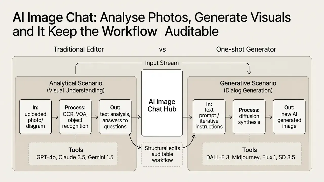 Flowchart comparing analytical and generative AI image chat workflows through a central hub