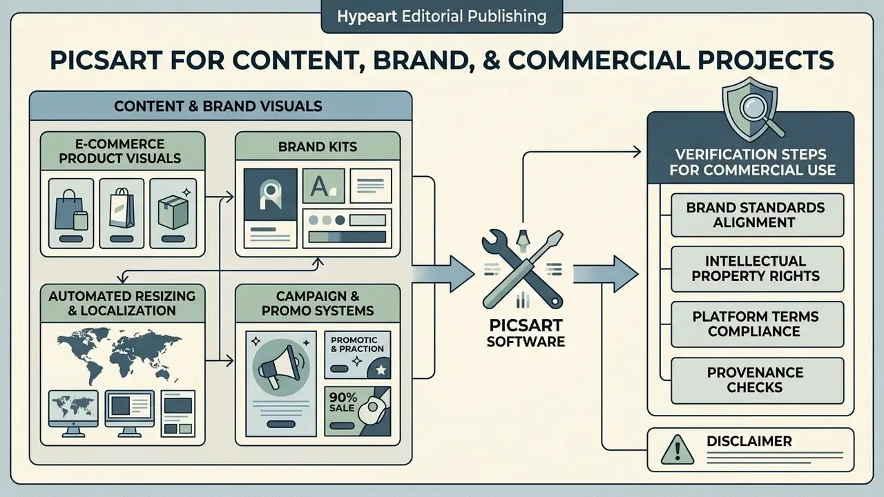 Diagram showing the workflow from content creation to commercial verification steps