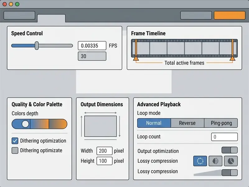 Interface window displaying controls for frame speed, timeline management, color depth, and loop settings