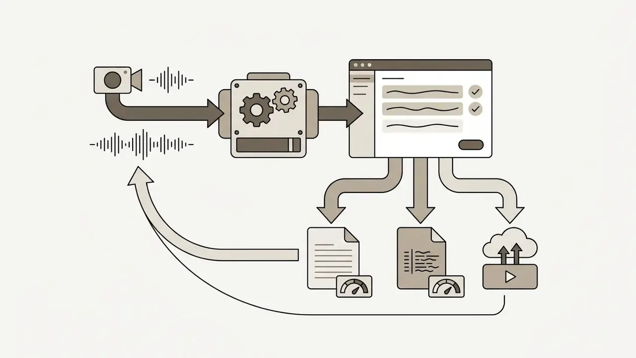 Video and audio inputs processed by gears into a dashboard for exporting various file formats