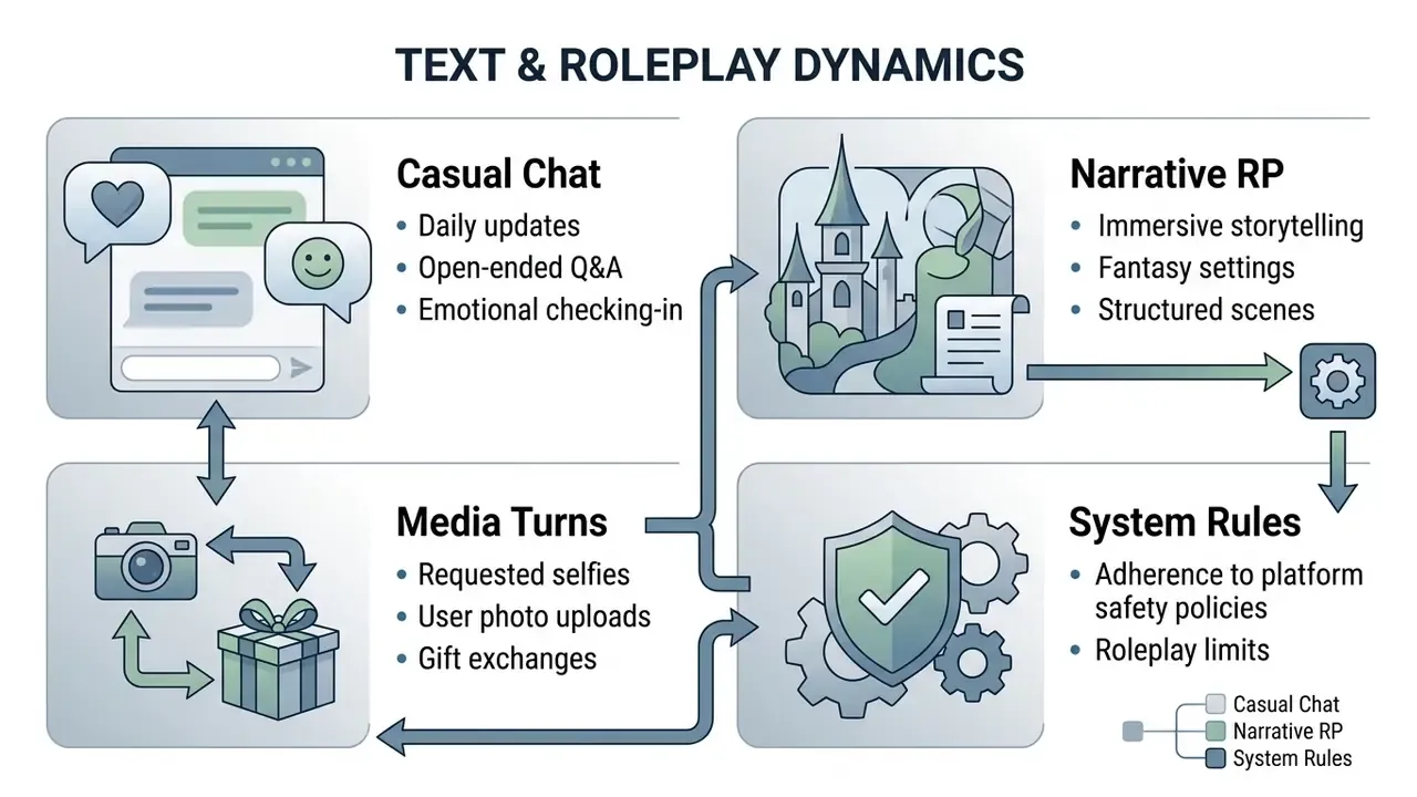 Four interconnected modules outlining casual chat, narrative roleplay, media exchanges, and system safety rules