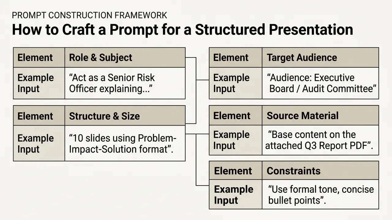Table of five prompt elements including role, audience, structure, source material, and constraints