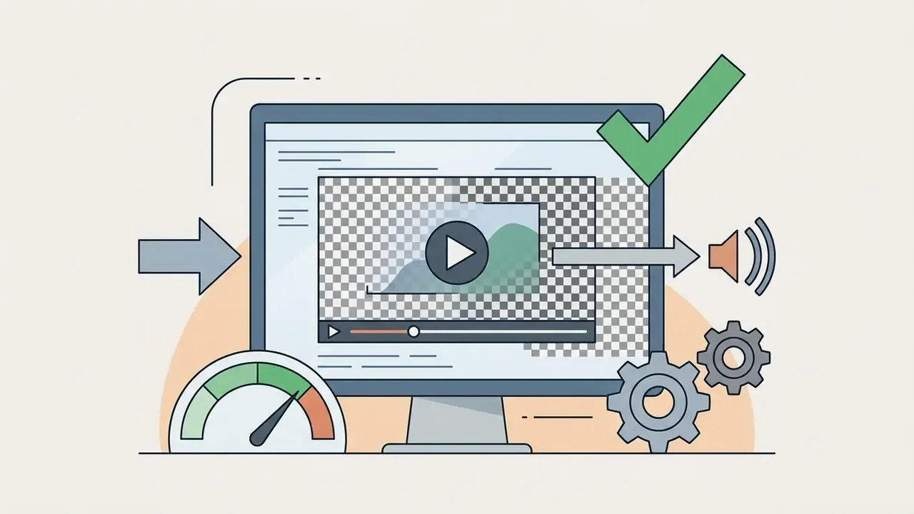 Computer monitor displaying a video player with transparency, a speed gauge, gears, and a checkmark icon