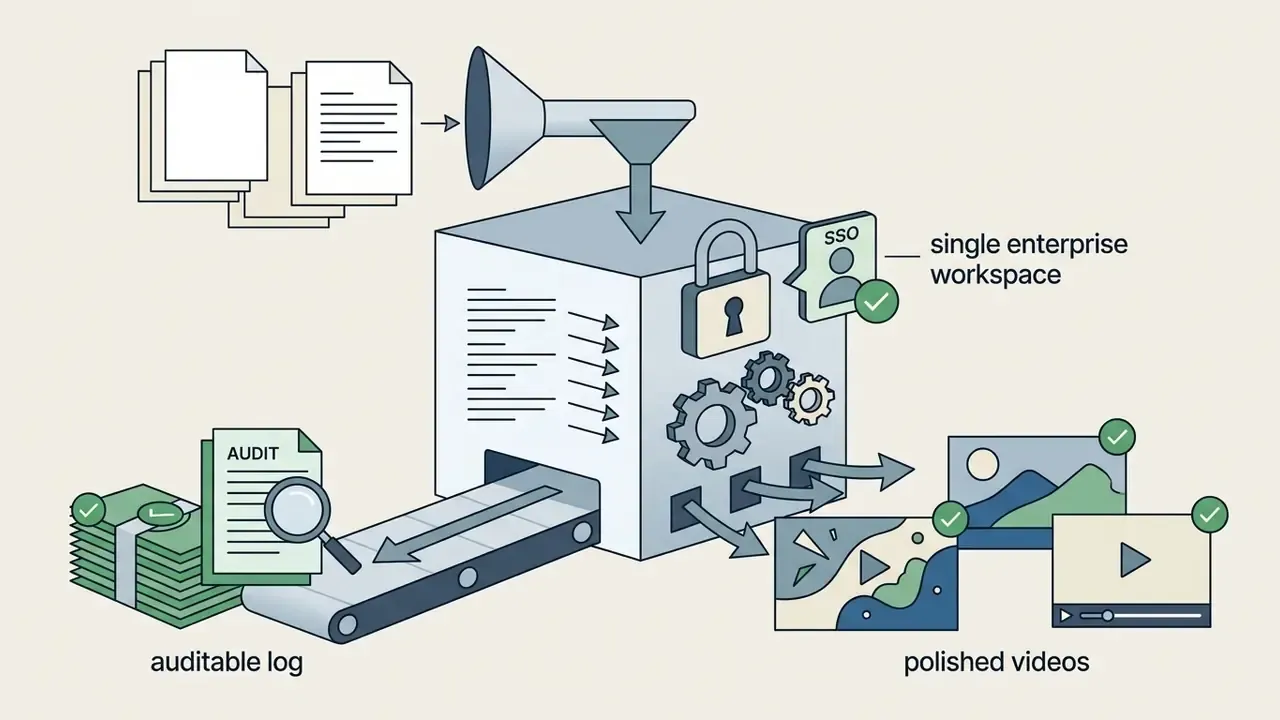 Documents funneling into a secure processing cube that outputs an auditable log and finished video files