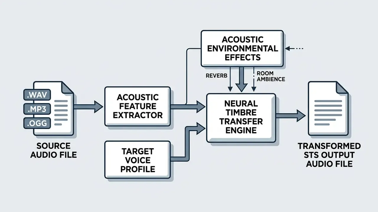 Diagram showing audio processing steps from source file extraction to neural timbre and environment effects