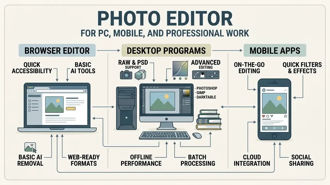 Diagram detailing features and workflows for browser, desktop, and mobile image processing platforms