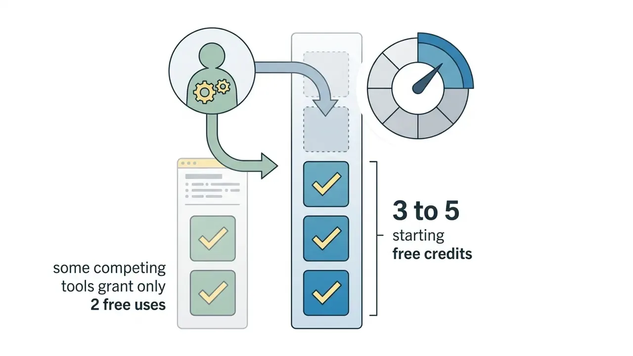 User icon with gears connecting to a credit counter showing three to five checkmarks and a gauge
