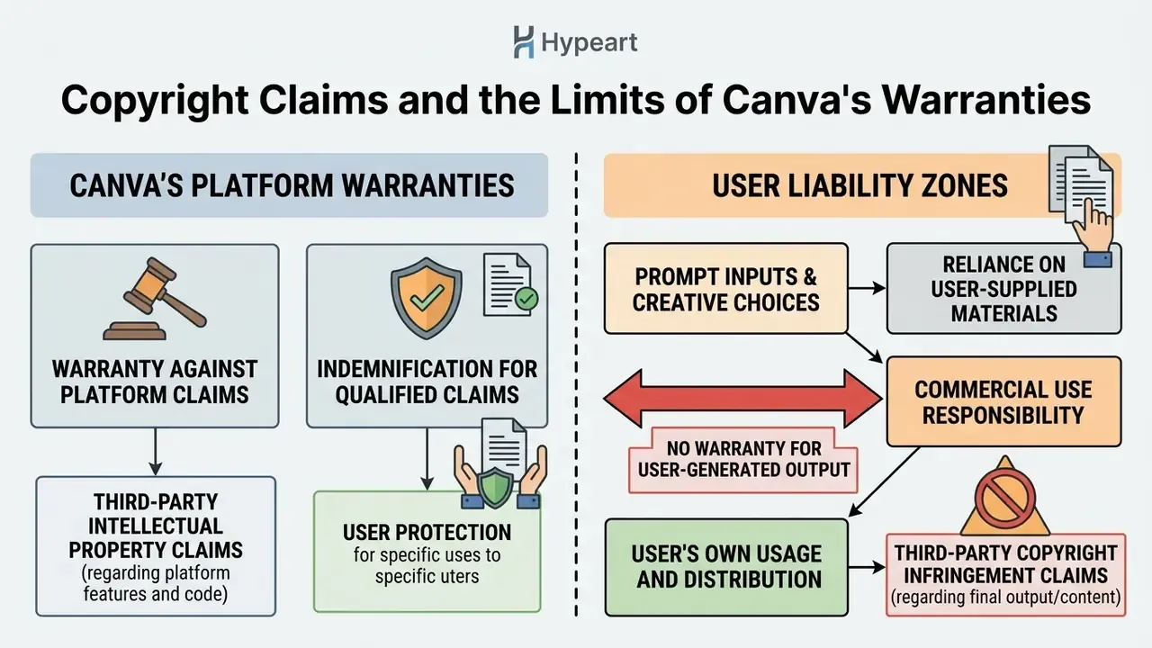 Split view comparing platform warranty protections against user liability zones for commercial content