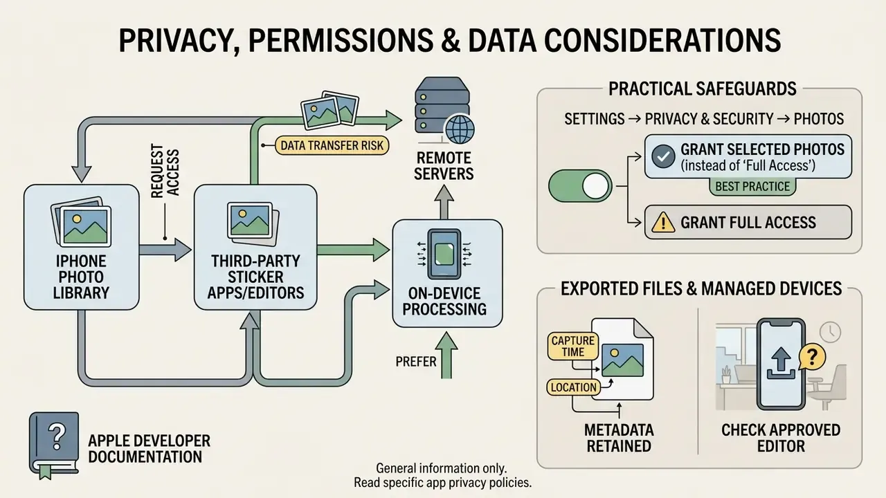 Infographic showing data flow between iPhone photo libraries, third-party apps, and remote servers