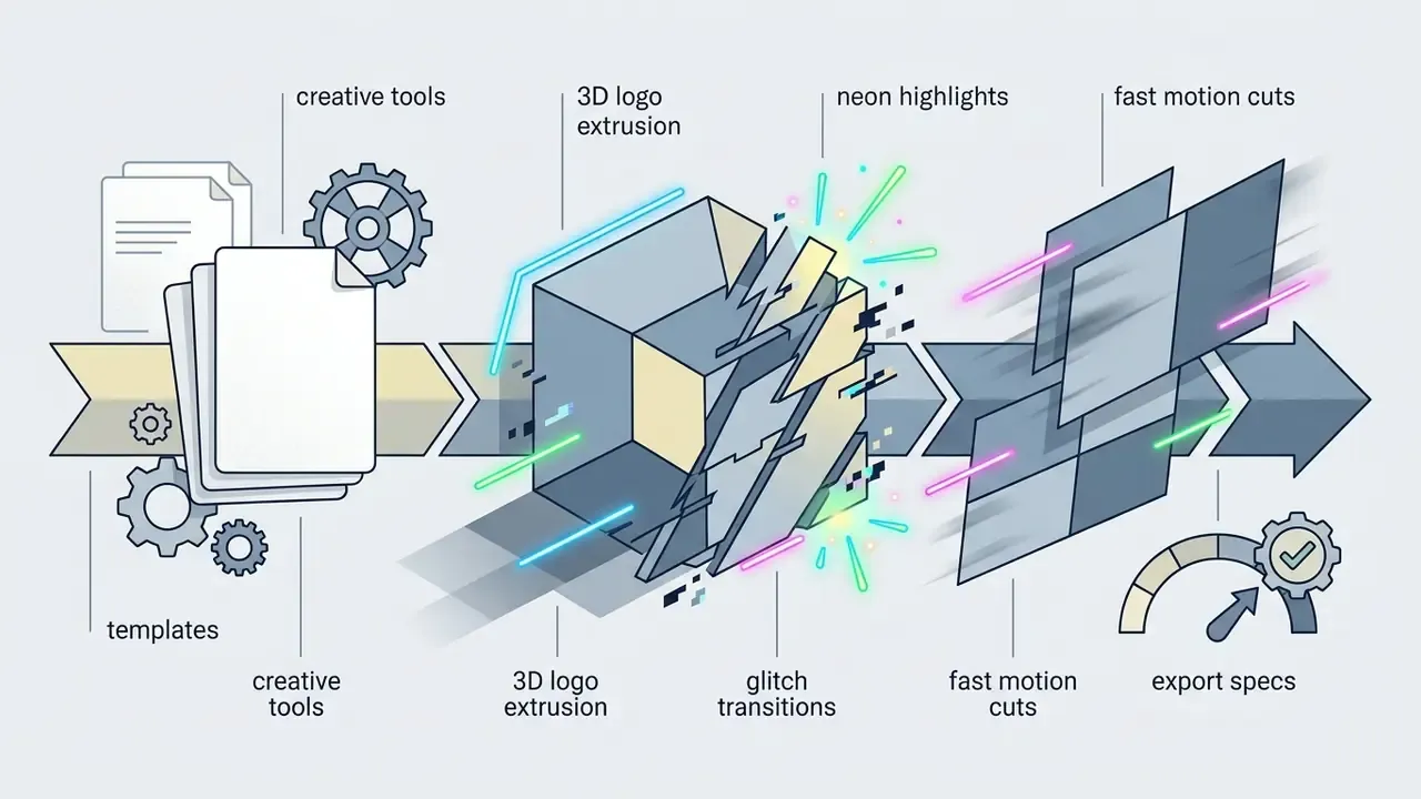 Diagram showing the progression from creative templates to 3D effects, glitch transitions, and final export