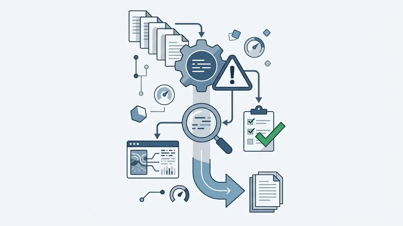 Files moving through a gear and warning sign to a magnifying glass and a checklist for manual approval