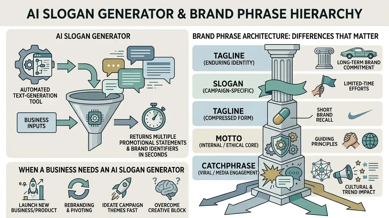 Infographic showing an AI slogan generator funnel and a pillar diagram of brand phrase architecture