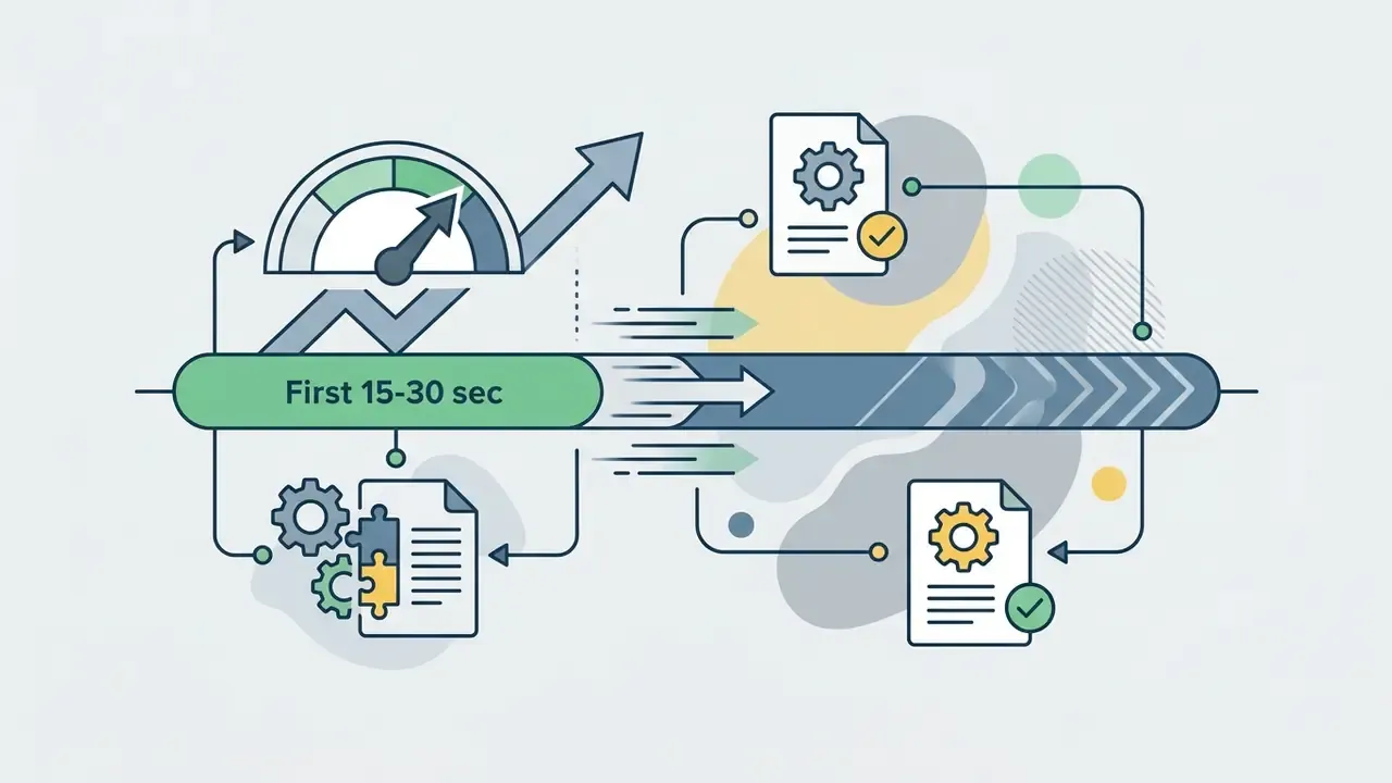 Timeline segment for the first 30 seconds connected to document processing and performance gauges