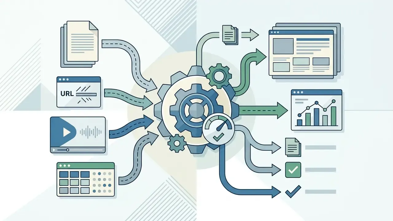 Multiple data sources feeding into a central gear hub to generate various digital outputs and reports