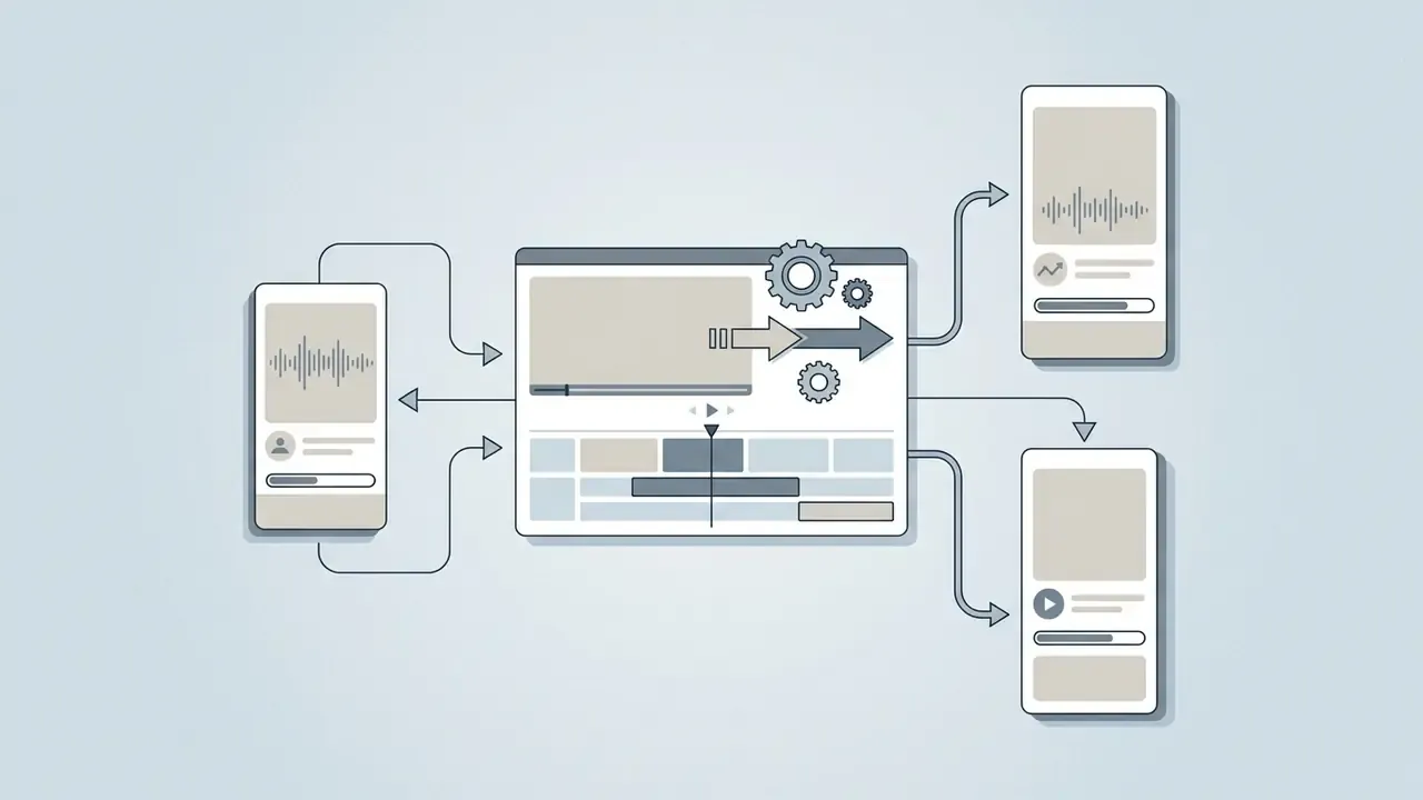 Central video editor interface branching into mobile devices for content repurposing and distribution