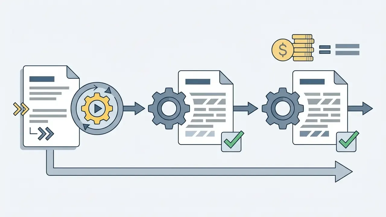 Three documents passing through gears to calculate a total cost represented by a stack of gold coins