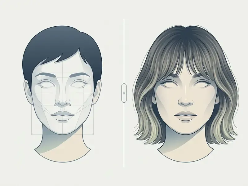 Split view showing a short-haired face with geometric guides next to a styled version with longer hair