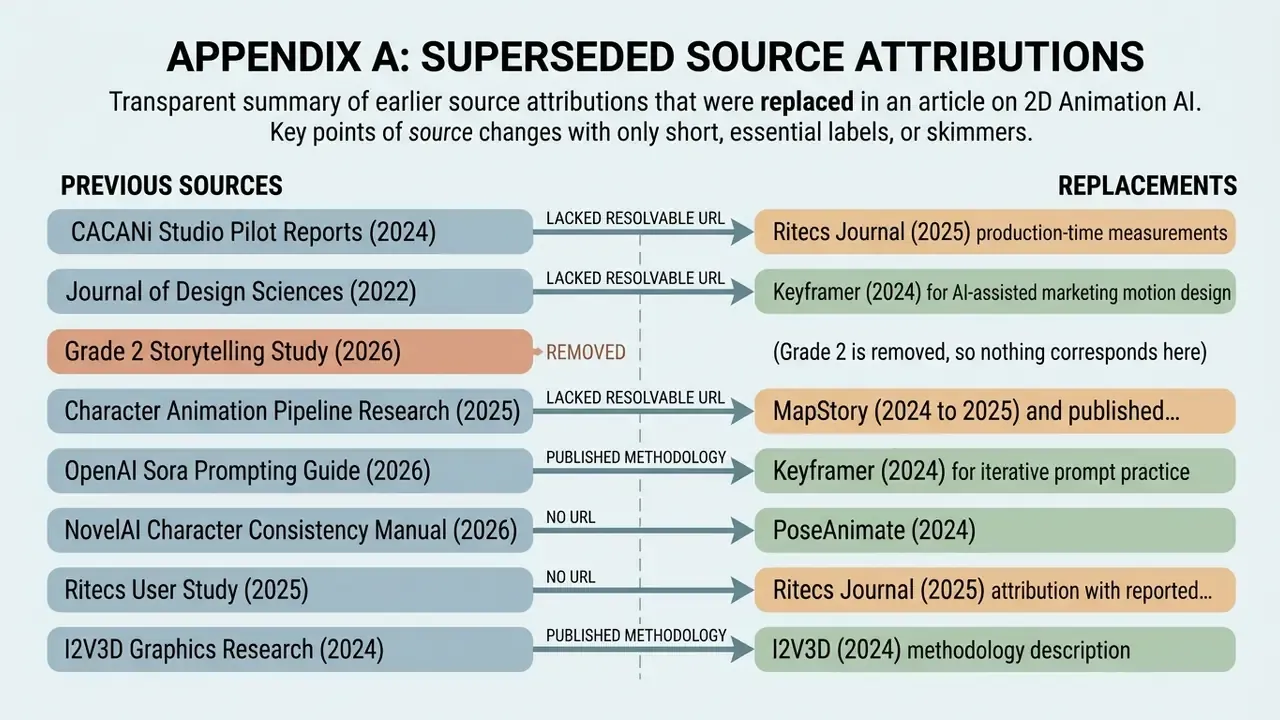 Comparison table mapping previous research sources to their updated replacements with reasons for change