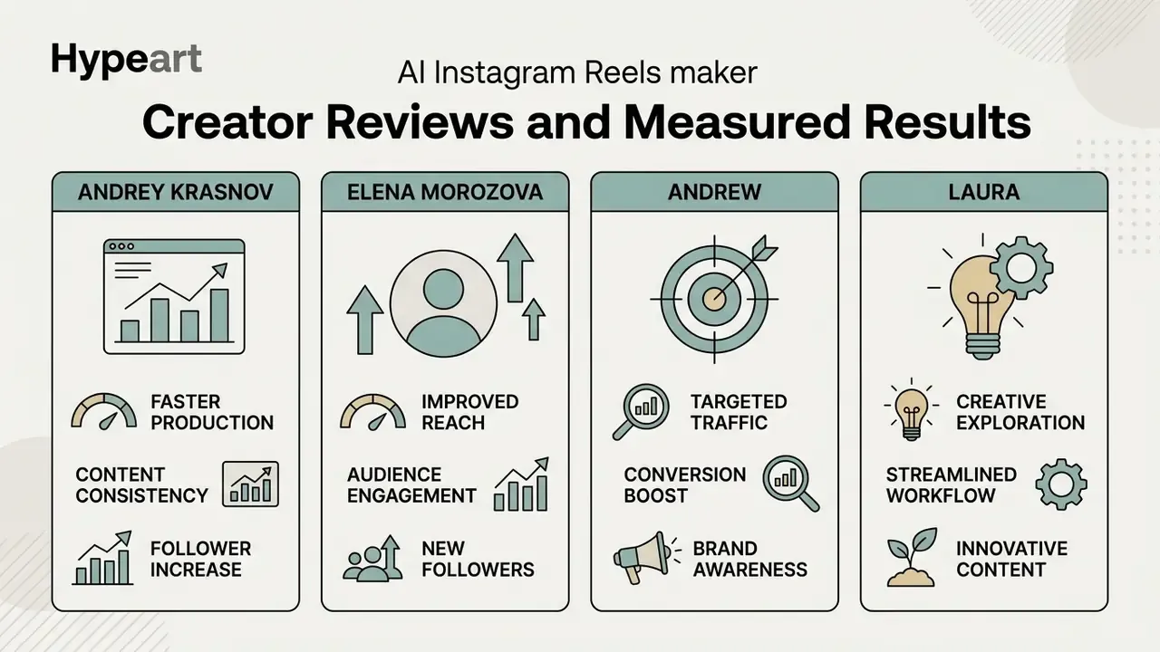 Four vertical panels summarizing creator feedback and performance metrics using icons and labels