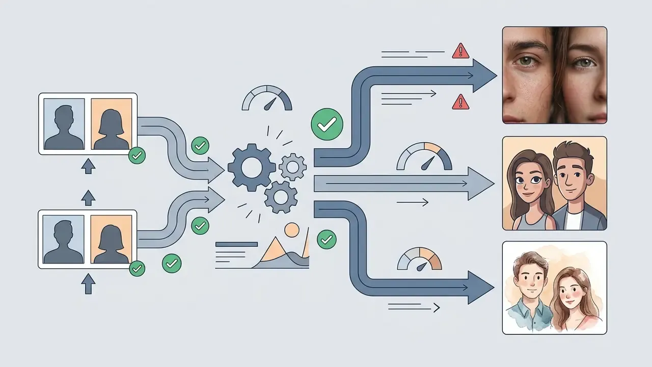 Diagram showing input portraits processed through gears to generate realistic, cartoon, or illustrated styles