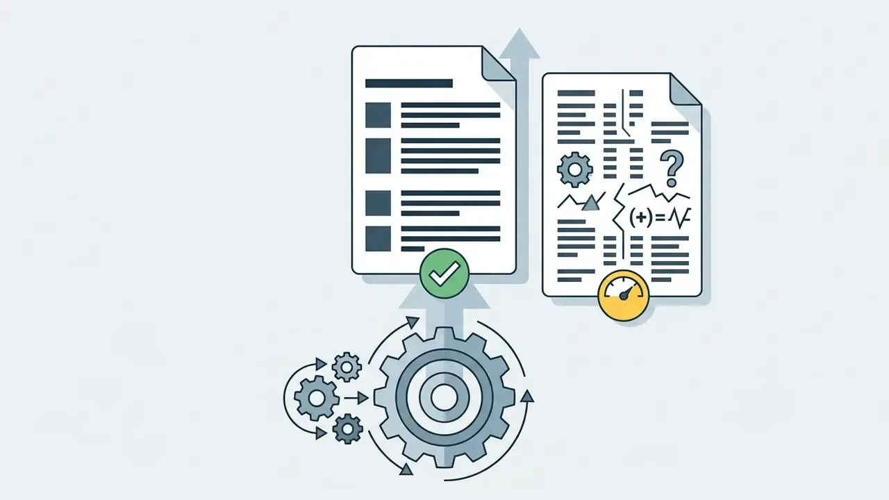 Gears processing a simple document into a complex layout with formulas and graphics
