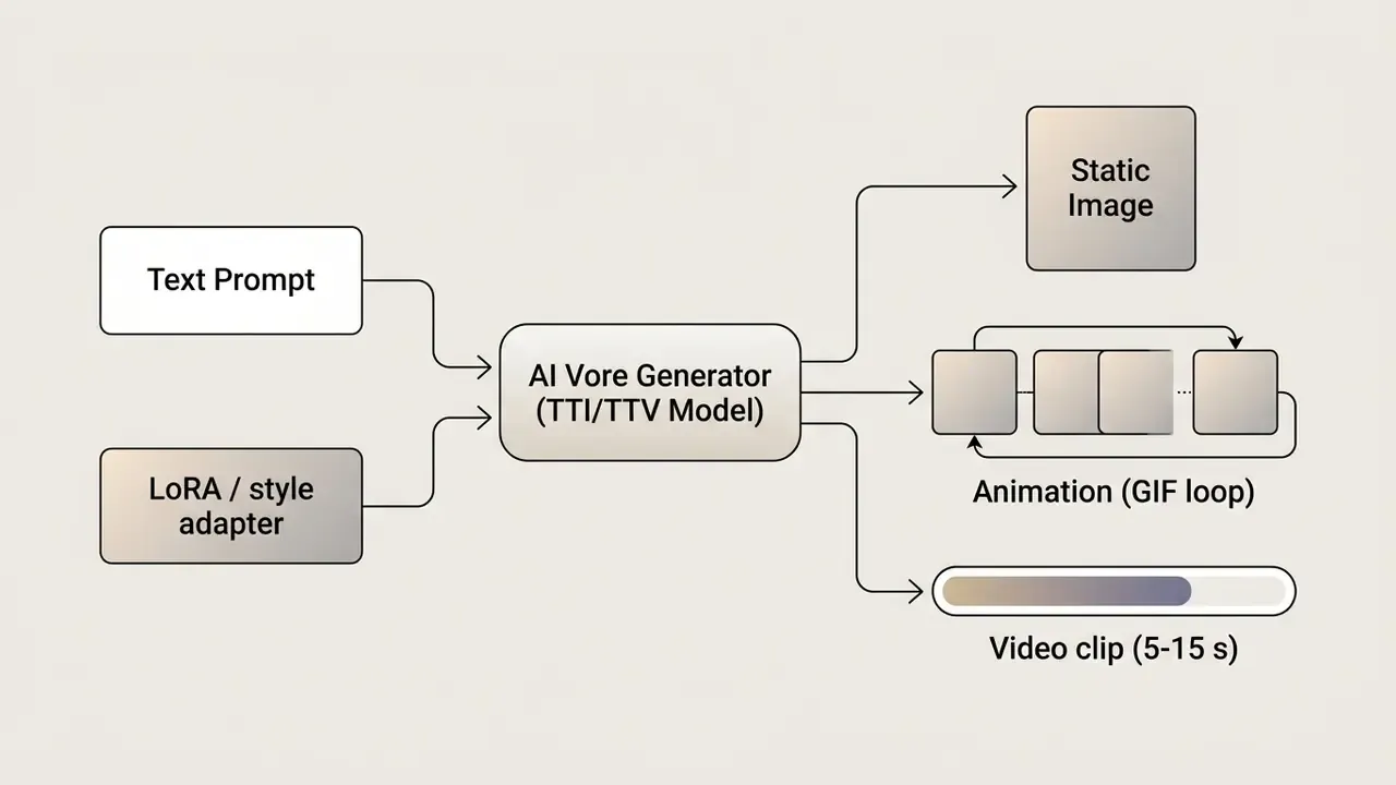 Diagram mapping text prompts and style adapters to generated static images, animations, and video clips
